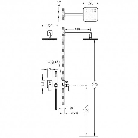 Kit de douche encastré LOFT avec fermeture et régulation du débit - TRES 20018002