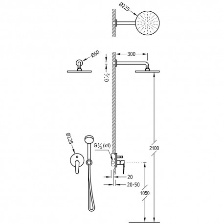 Kit de douche encastré FLAT avec fermeture et régulation du débit - TRES 20418002