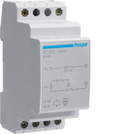 Transfo sonnerie 8VA 230/8-12V - COMMANDE SIGNAL  HAGER ST303