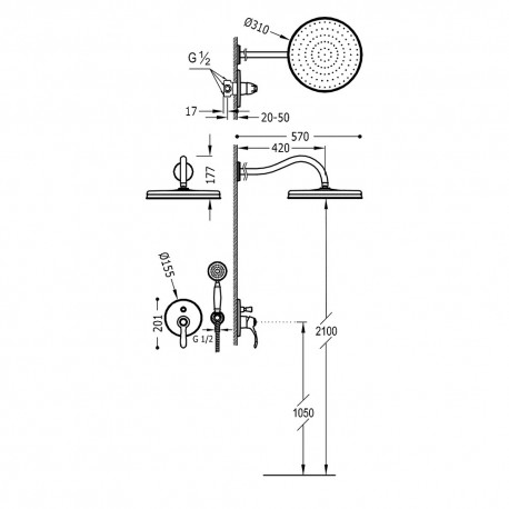 Kit douche à encastrer avec fermeture et réglage du débit Laiton Vieilli TRES-CLASIC - TRES 24218003LV