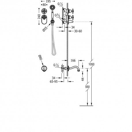 Kit thermostatique baignoire encastré avec fermeture et réglage du débit (2 voies) - TRES 24235201AC Acier
