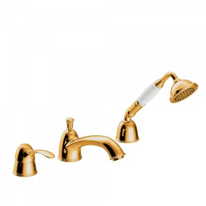 Mitigeur bain d’étagère avec inverseur.
· Douchette anticalcaire Ø 78 mm.
· Débit : 3 bar – 16 l/min - TRES 24214501OR