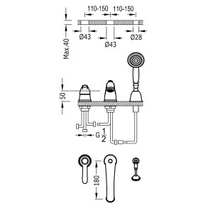 Mitigeur bain d’étagère avec inverseur.
· Douchette anticalcaire Ø 78 mm.
· Débit : 3 bar – 16 l/min - TRES 24214501LV