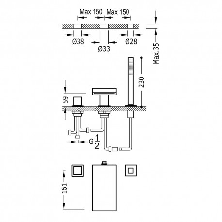 Mitigeur bain sur gorge CUADRO avec bec cascade et douchette anticalcaire - TRES 10716102