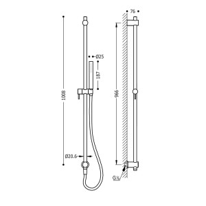 Barre coulissante  Ø 20,6 mm. Long. 966 mm. Flexible satin. Avec prise d'eau murale - TRES 06193104
