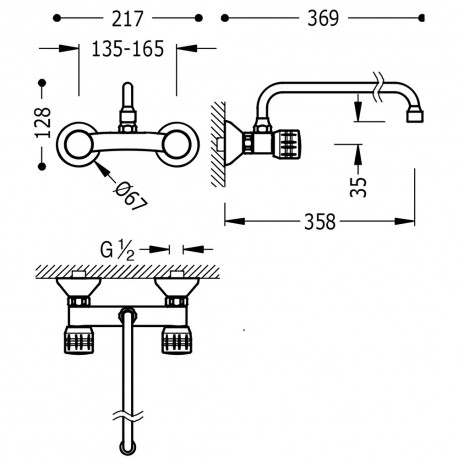 Mélangeur évier mural Distance depuis mur 360 mm. - TRES 123330