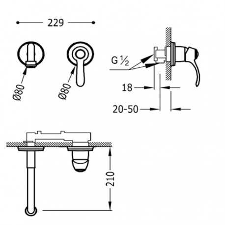 Mitigeur évier mural en Laiton vieilli. Bec 210 mm. - TRES 24220001LV