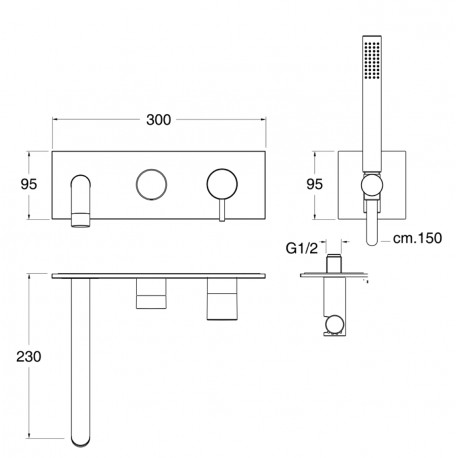 Façade externe bain douche mural 2 sorties Chromé TRIVERDE - CRISTINA ONDYNA TV10251