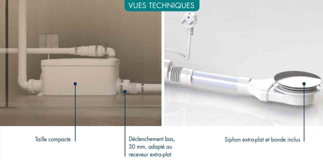 Pompe de relevage VD90 pour receveurs extra plat avec bonde