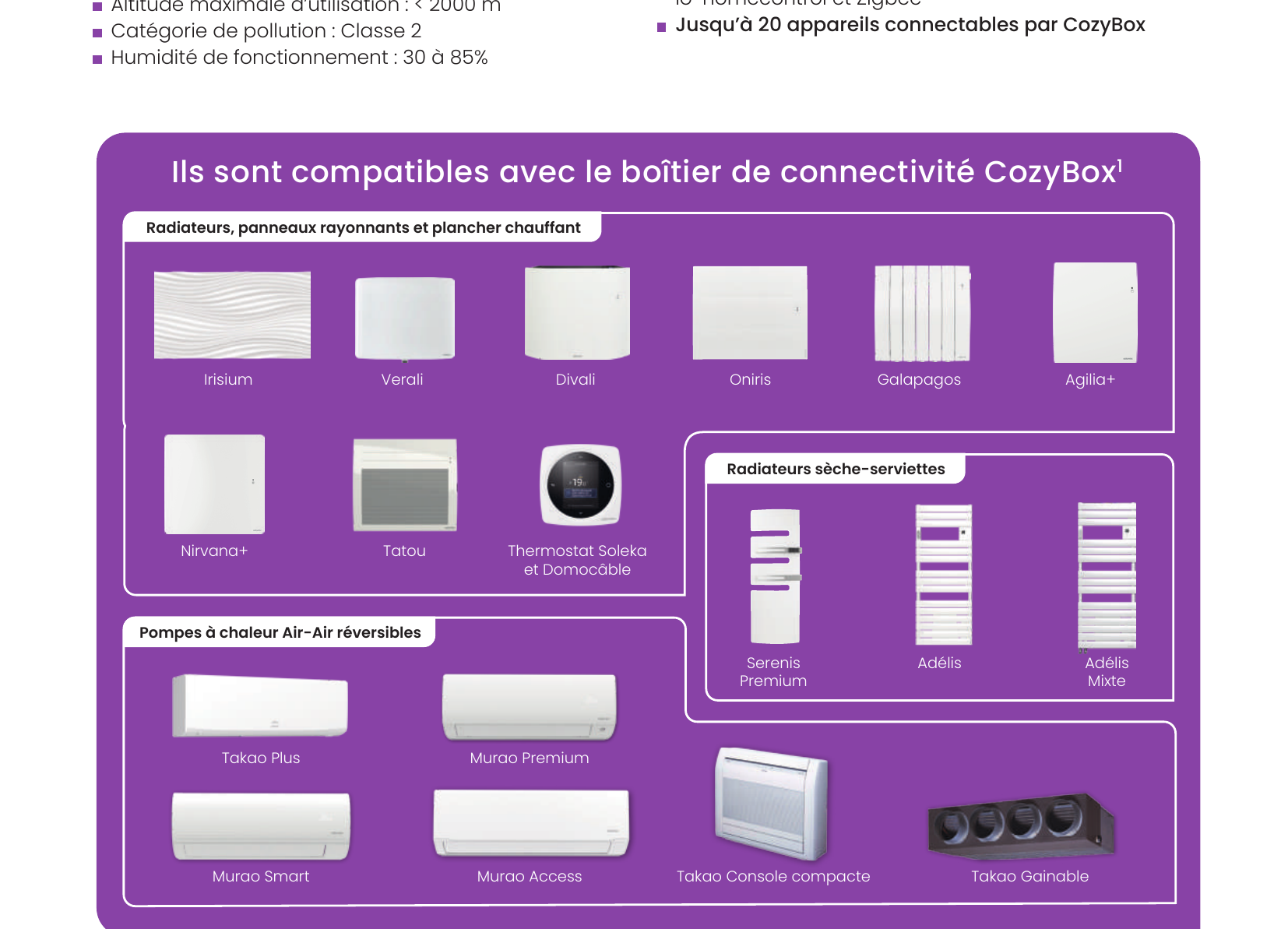 Liste des radiateurs, sèche-serviettes et PAC Air/Air Atlantic compatibles avec le boîtier CozyBox