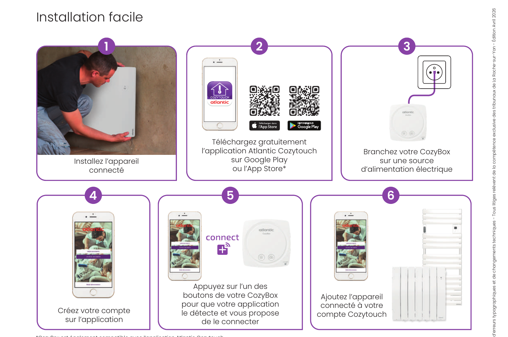 Les étapes d'installation de la CozyBox Atlantic : brancher le boîtier, télécharger l'application Cozytouch, connecter ses appareils