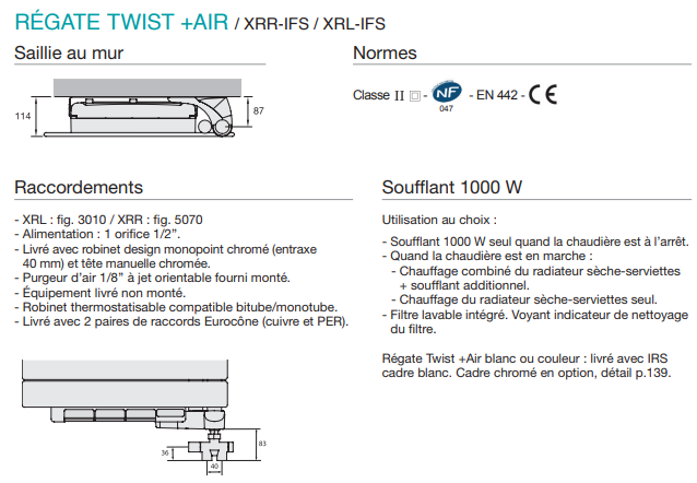 Sèche-serviette soufflant ACOVA - REGATE TWIST + AIR pivot à droite eau  chaude - Vita Habitat